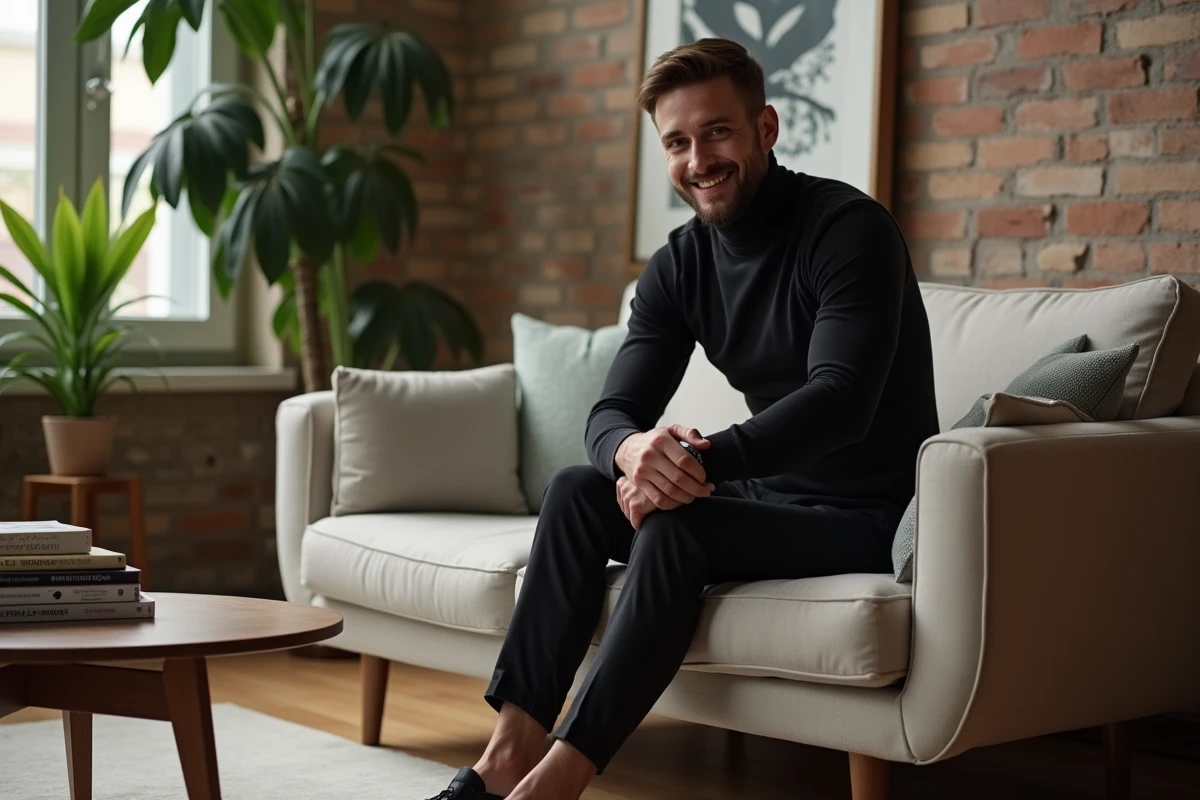 Homme en turtleneck dans un loft moderne en train de nouer sa montre