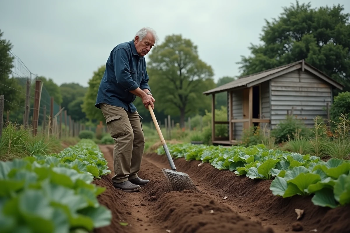 Homme ratissant du compost dans un potager spacieux avec des rangées de légumes bien entretenus
