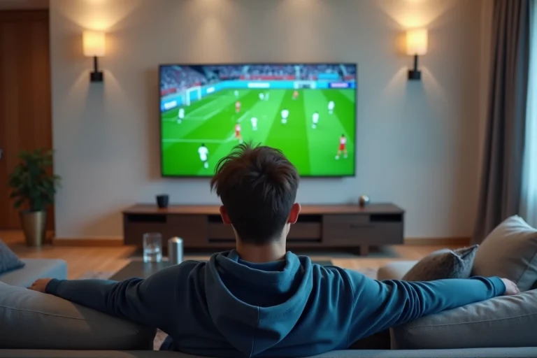 Un homme regardant un match de football en direct en streaming sur sa télévision depuis son salon