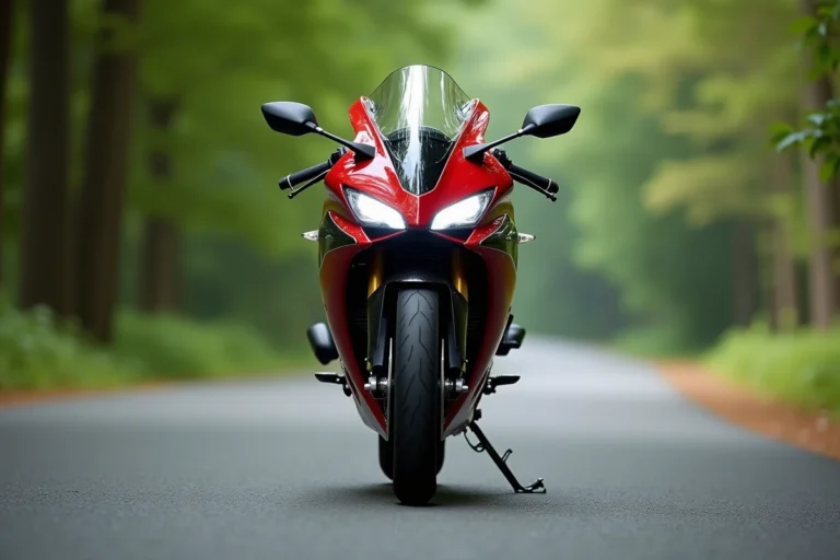Honda CBR1000F vue de face sur une route de campagne, mettant en valeur le carénage sportif et le design aérodynamique