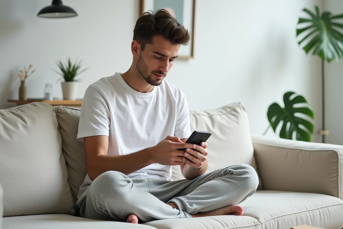 Jeune influenceur discret chez lui dans un appartement minimaliste, capturant un moment de vie privée authentique et contemporaine