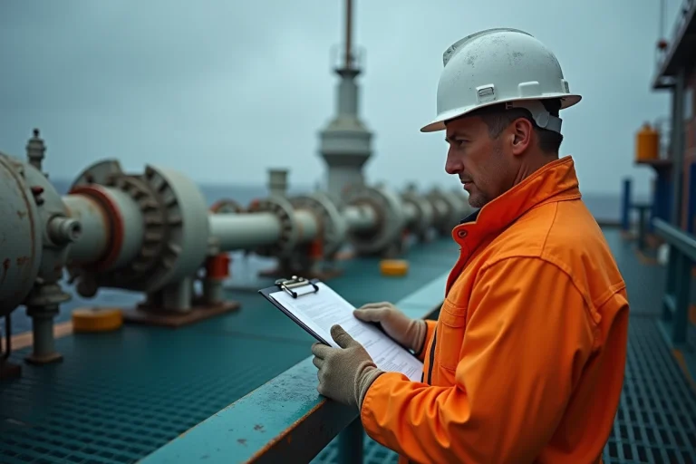 Ingénieur pétrolier en combinaison de sécurité orange sur le pont d'une plateforme offshore TotalEnergies, consultant des documents techniques