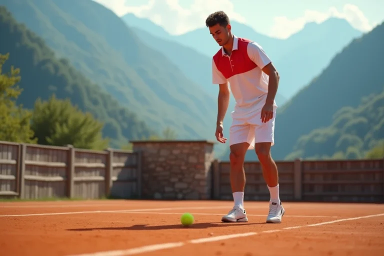 Jeune joueur de tennis sur un court en terre battue avec des montagnes alpines italiennes en arrière-plan, évoquant les origines de Jannik Sinner