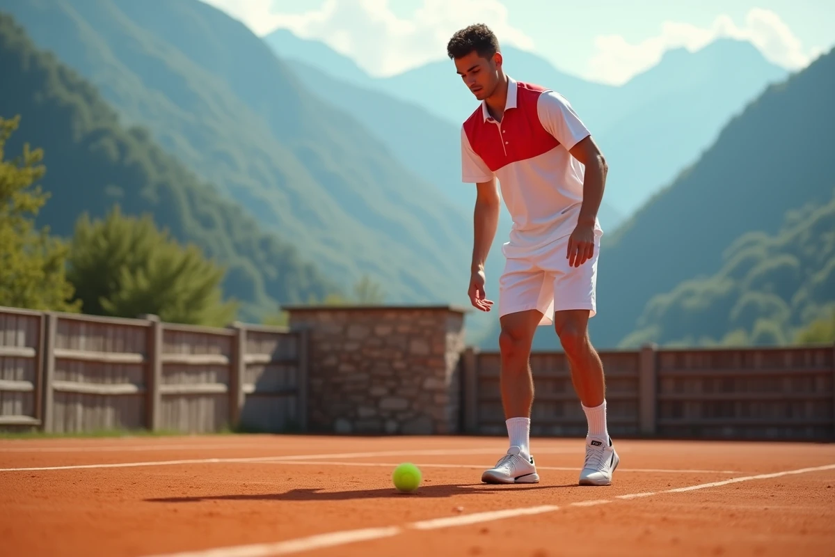 Jeune joueur de tennis sur un court en terre battue avec des montagnes alpines italiennes en arrière-plan, évoquant les origines de Jannik Sinner