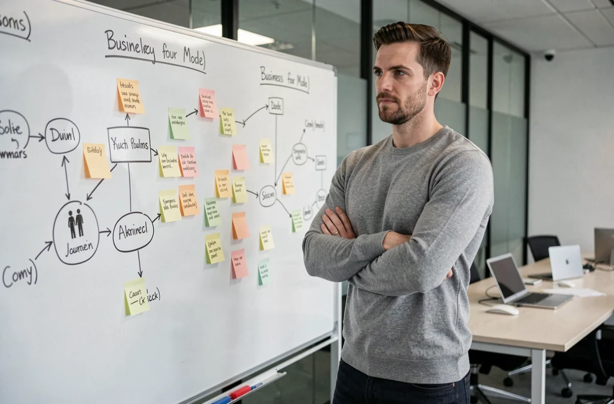 Jeune entrepreneur debout devant un tableau blanc rempli de schémas de modèle économique dans un bureau de startup