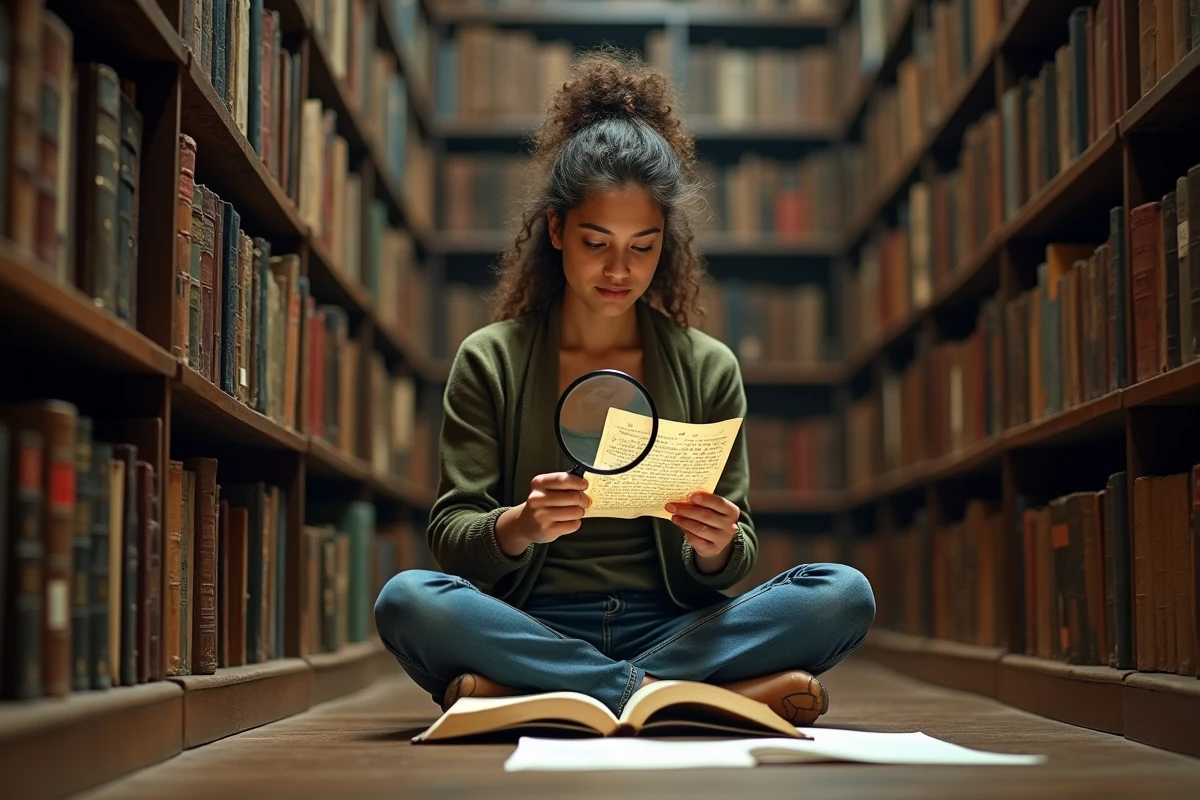 Jeune femme utilisant une loupe pour étudier une page ancienne détachée dans une bibliothèque universitaire