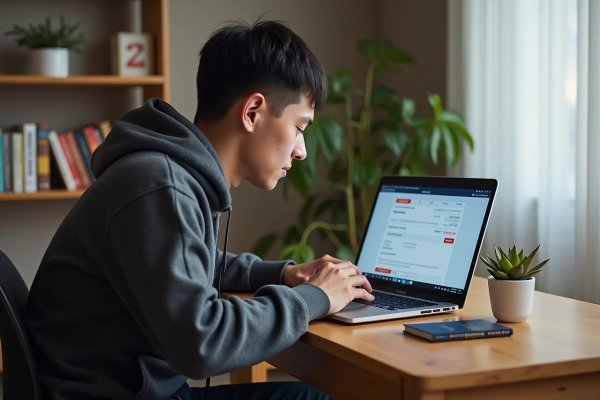Jeune homme utilisant un ordinateur pour réserver un vol