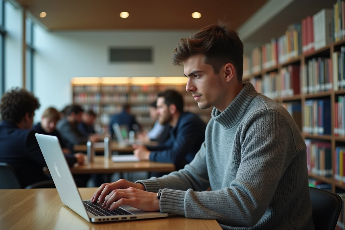 Jeune homme recherchant en ligne dans une bibliothèque animée