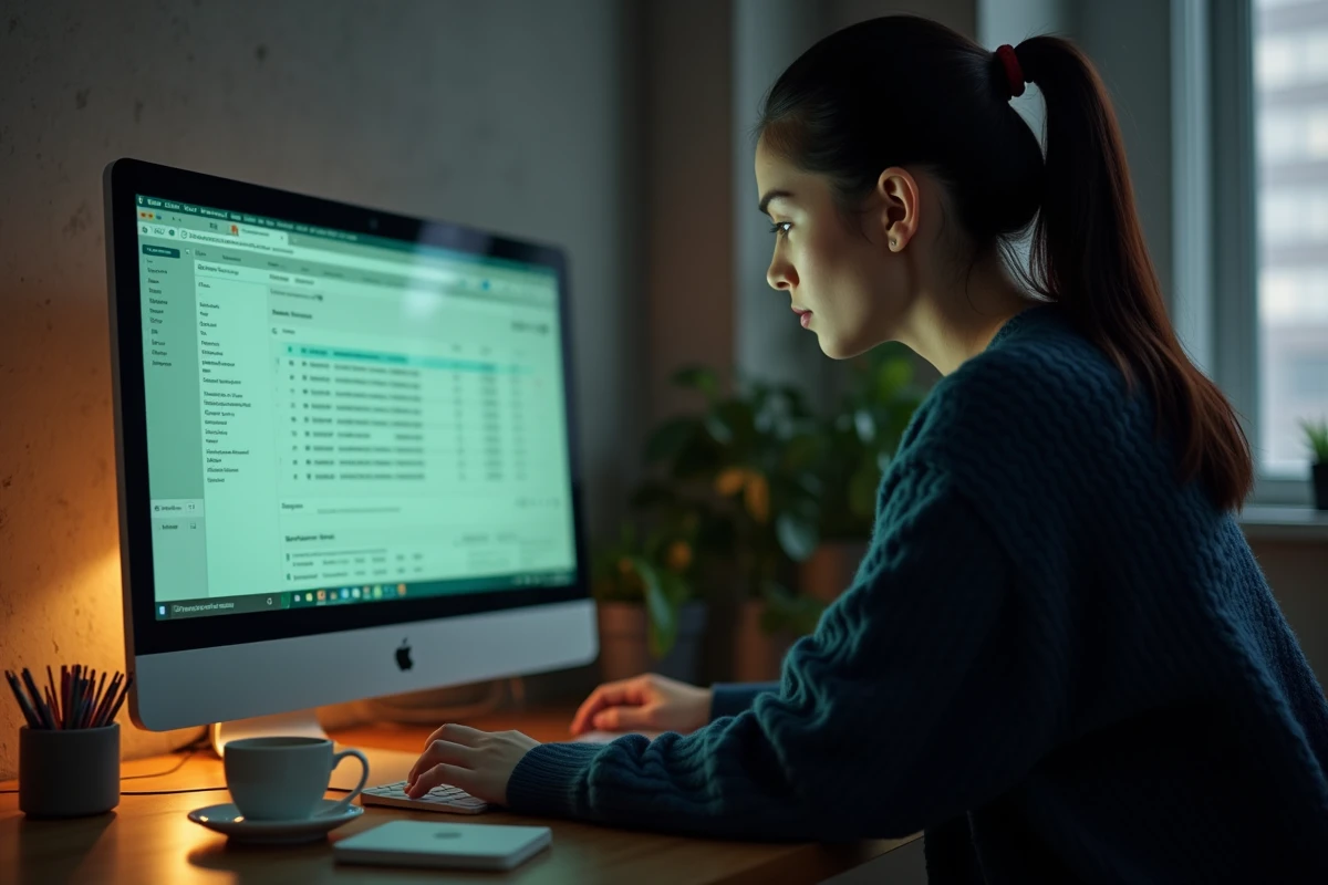 Femme utilisant un logiciel de téléchargement de torrents sur un ordinateur de bureau dans un appartement moderne, guide pratique de téléchargement sécurisé