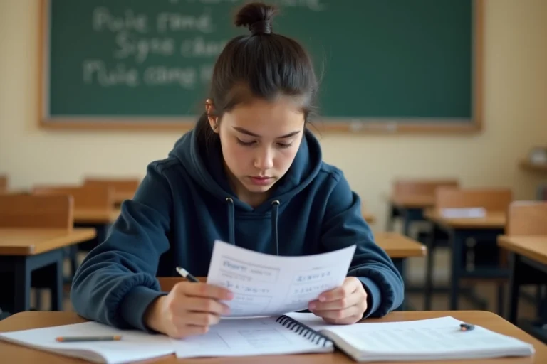 Lycéenne en seconde qui examine son bulletin de notes avec des expressions d'inquiétude, assise dans une salle de classe