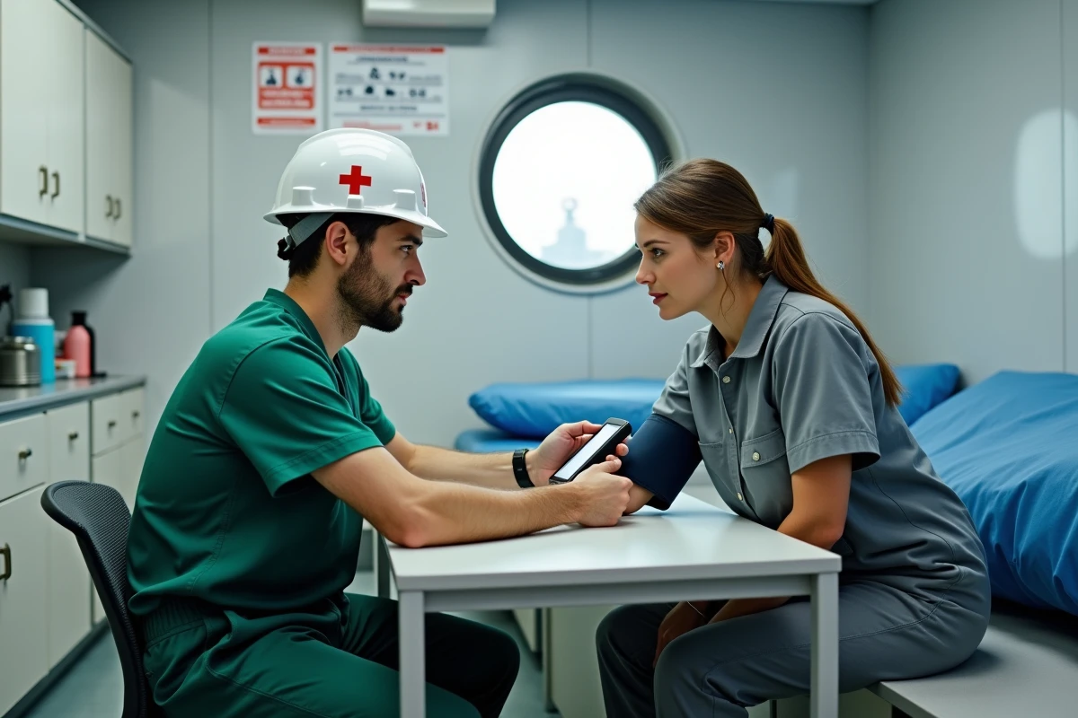 Médecin offshore en salle médicale d'une plateforme pétrolière effectuant un bilan de santé sur une travailleuse en tenue de travail