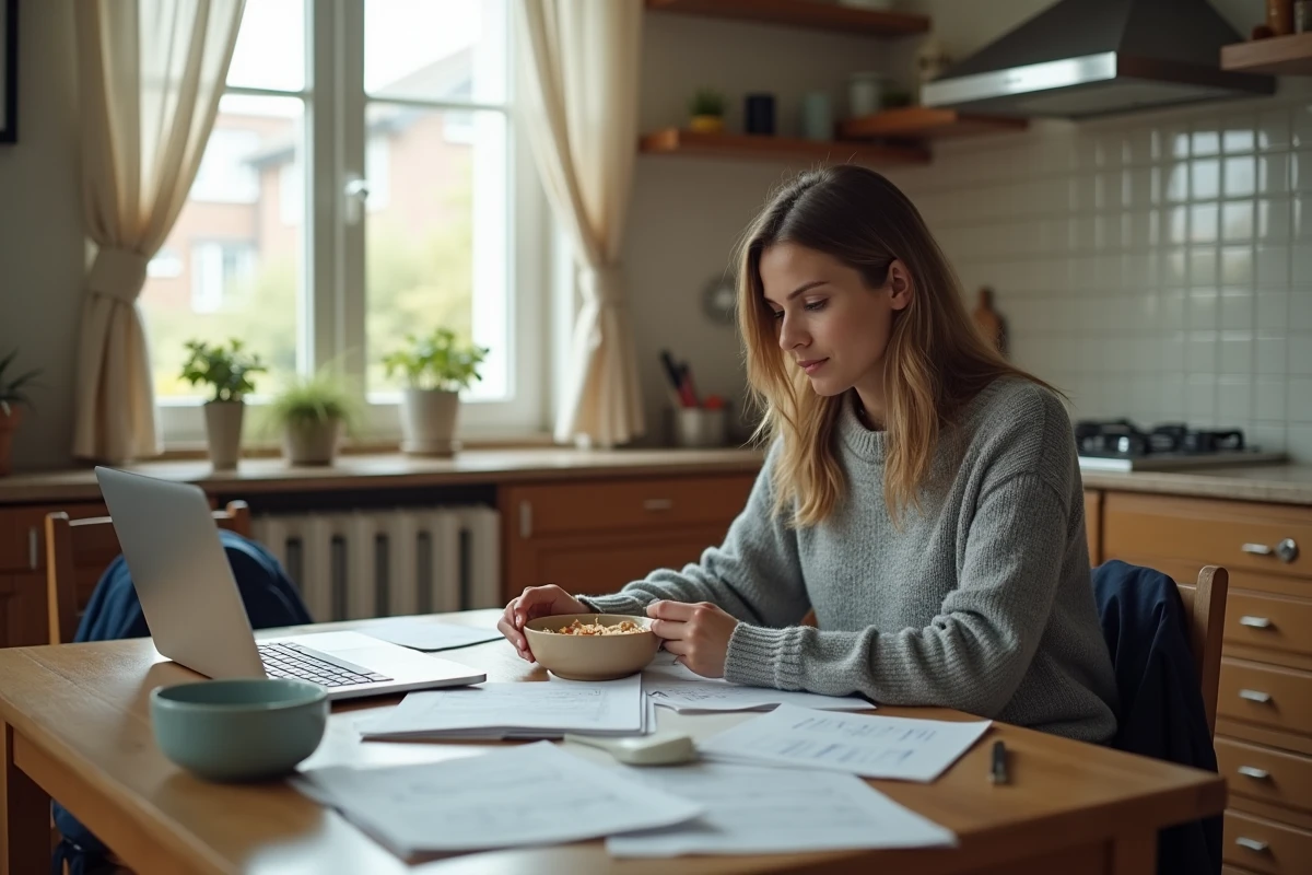 Mère célibataire seule à la table de cuisine gérant les tâches administratives du quotidien avec un cartable d'enfant posé à côté d'elle