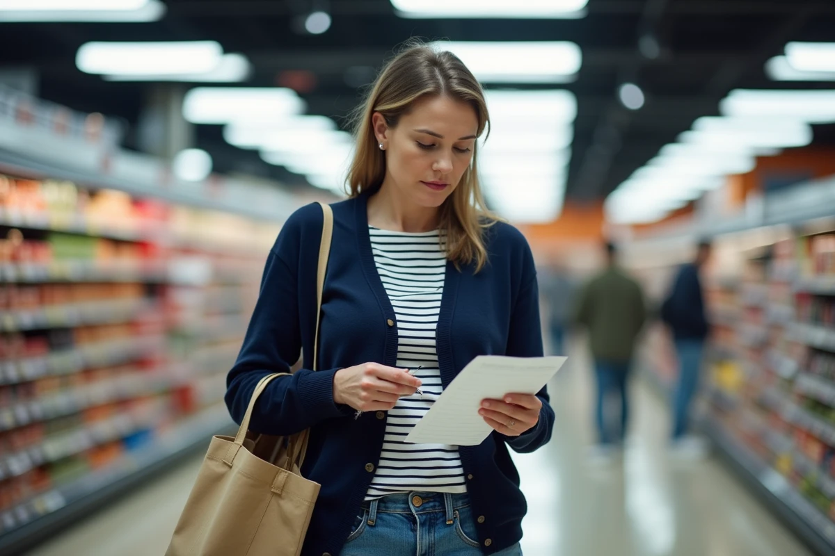 Isolated mother shopping alone at the supermarket comparing products with a handwritten list in hand
