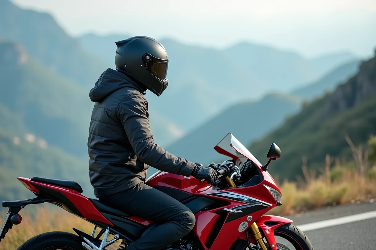 Motard en tenue complète assis sur une Honda CBR1000F lors d'une pause en montagne, illustrant une expérience de conduite sur route