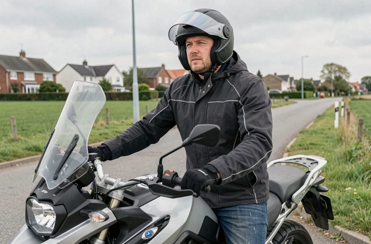 Motard en équipement textile sur une moto adventure garée en périphérie urbaine entre ville et campagne