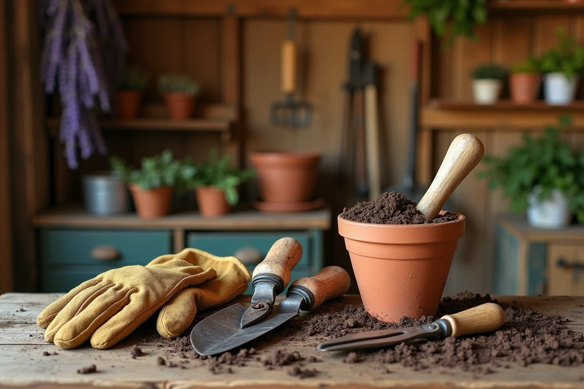 Outils de jardinage essentiels posés sur un établi en bois rustique dans un abri de jardin