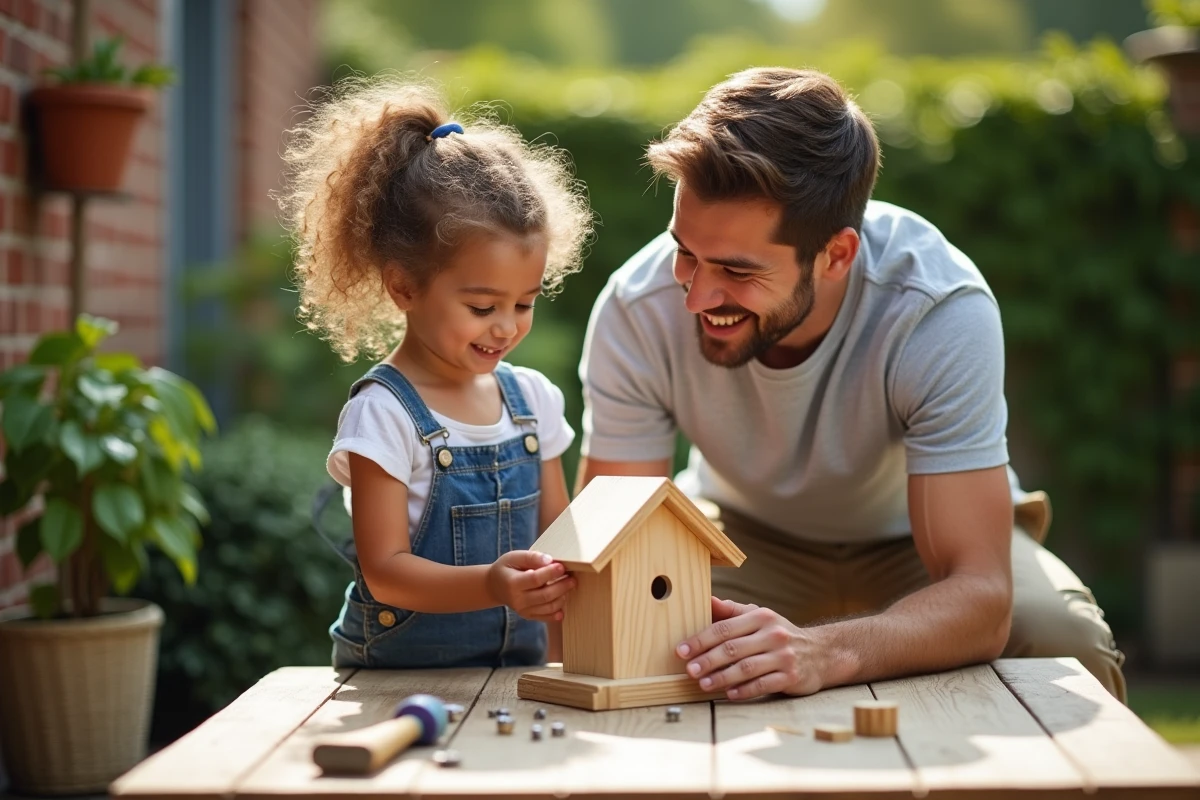 Pere et fille construisant une cabane en bois dans le jardin