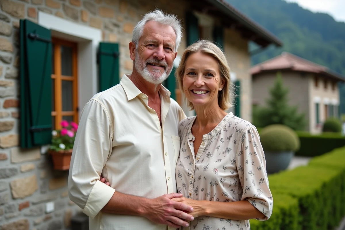 Couple d'origine italienne devant une ferme traditionnelle du Tyrol du Sud en Alto Adige, région natale de la famille de Jannik Sinner