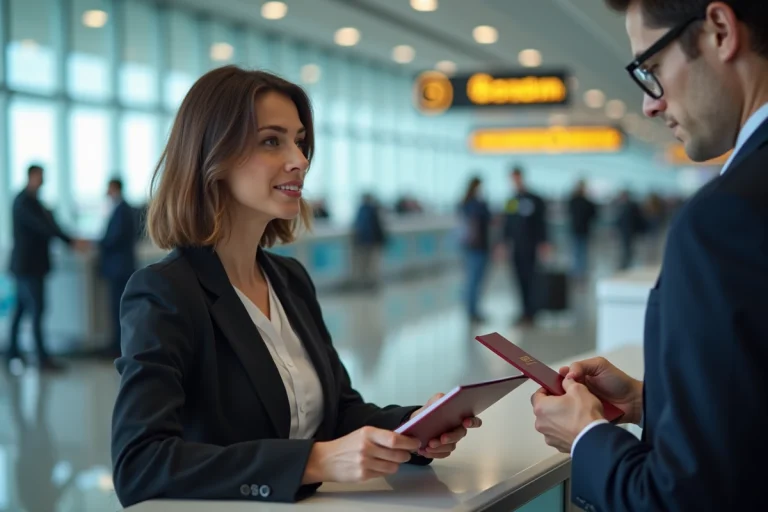 Femme à l'aéroport vérifiant son passeport avec un agent