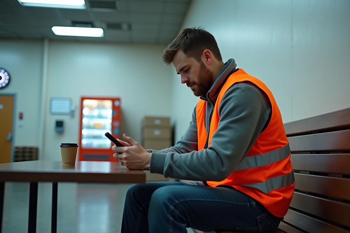 Préparateur de commandes Amazon en pause nocturne dans la salle de repos de l'entrepôt, regardant son téléphone avec une tasse de café