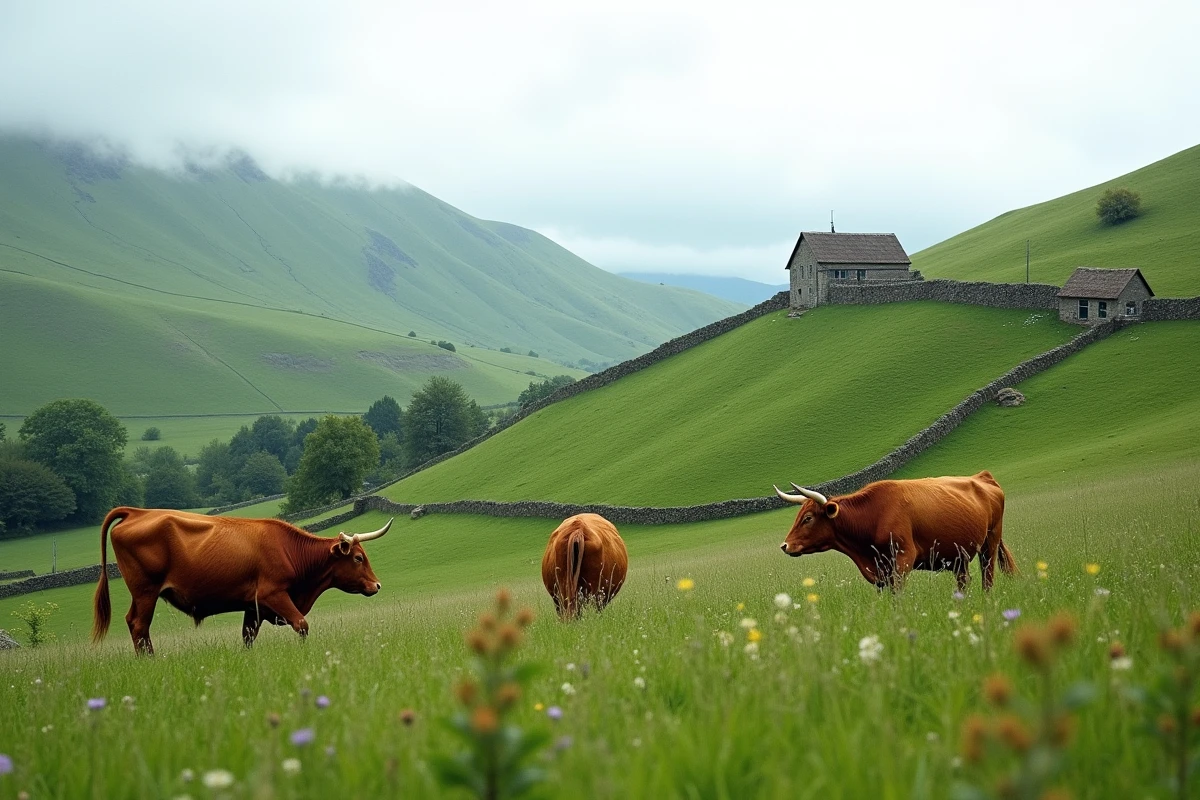 Paysage pastoral de l'Auvergne avec des vaches Salers au pelage roux paissant dans des prairies verdoyantes vallonnées, avec une ferme en basalte volcanique en arrière-plan