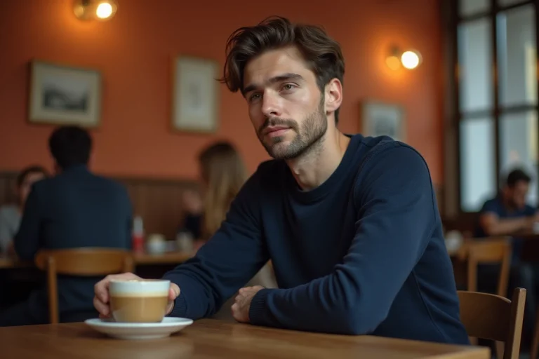 Portrait intimiste d'un jeune homme discret et élégant assis dans un café parisien, illustrant le profil d'un influenceur lifestyle