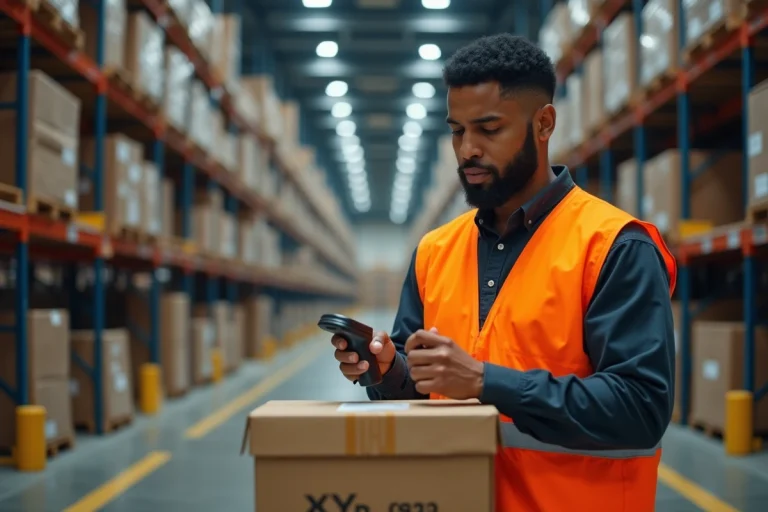 Préparateur de commandes Amazon en gilet de sécurité orange scannant un colis dans un entrepôt de nuit