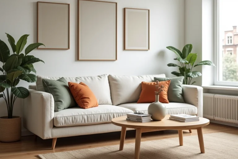 Salon contemporain au style scandinave avec canapé en lin, table basse en chêne et mur galerie minimaliste