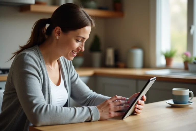 Une femme d'âge moyen consulte une application de suivi des soins de sa mère senior sur une tablette numérique dans sa cuisine