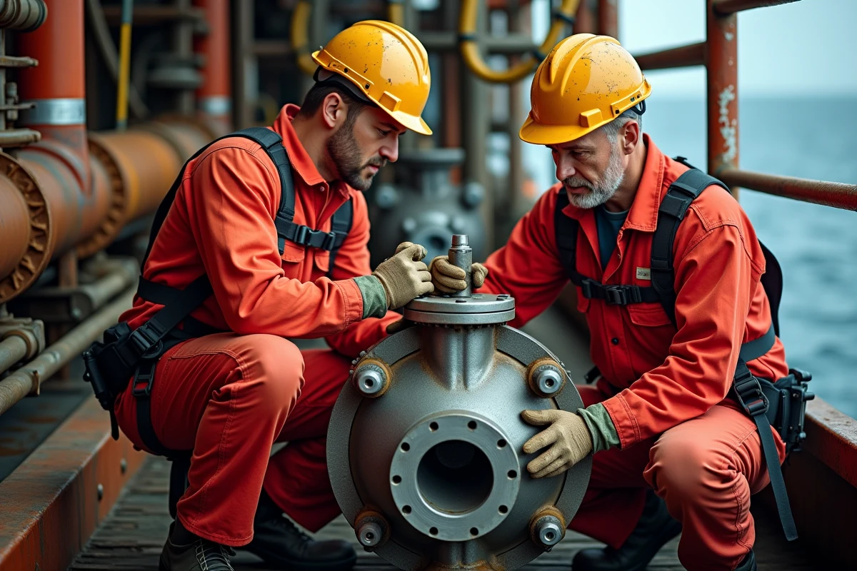 Deux techniciens de maintenance offshore en combinaison rouge effectuant des travaux sur une pompe industrielle sur une plateforme pétrolière
