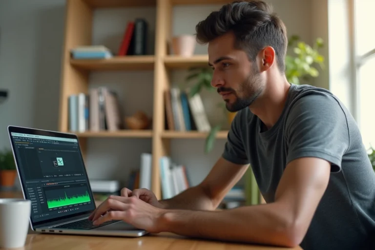 Jeune homme téléchargeant une vidéo YouTube en MP4 sur son ordinateur portable dans un bureau moderne