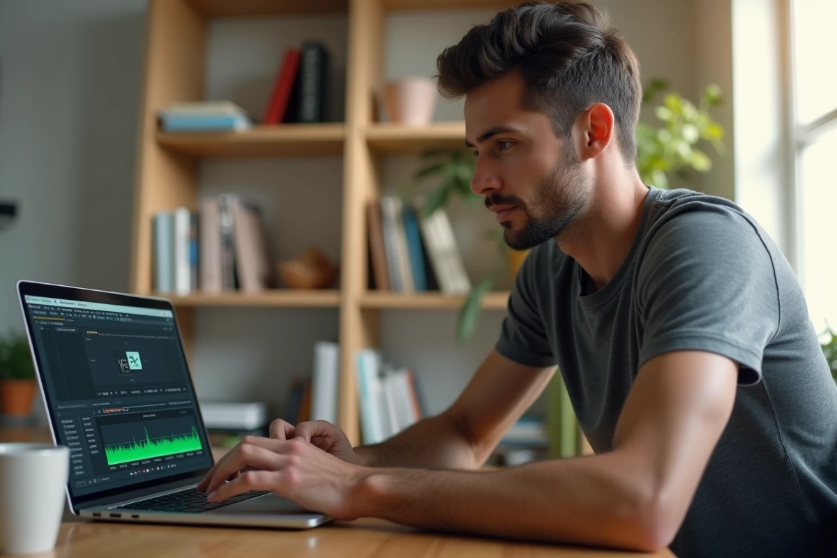 Jeune homme téléchargeant une vidéo YouTube en MP4 sur son ordinateur portable dans un bureau moderne
