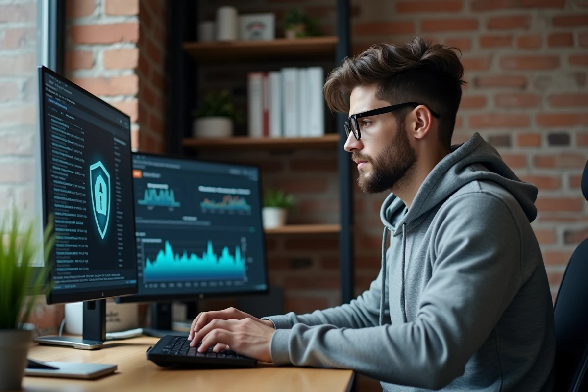 Homme travaillant sur un ordinateur portable avec une interface VPN affichée, dans un bureau à domicile moderne pour télécharger des torrents en toute sécurité